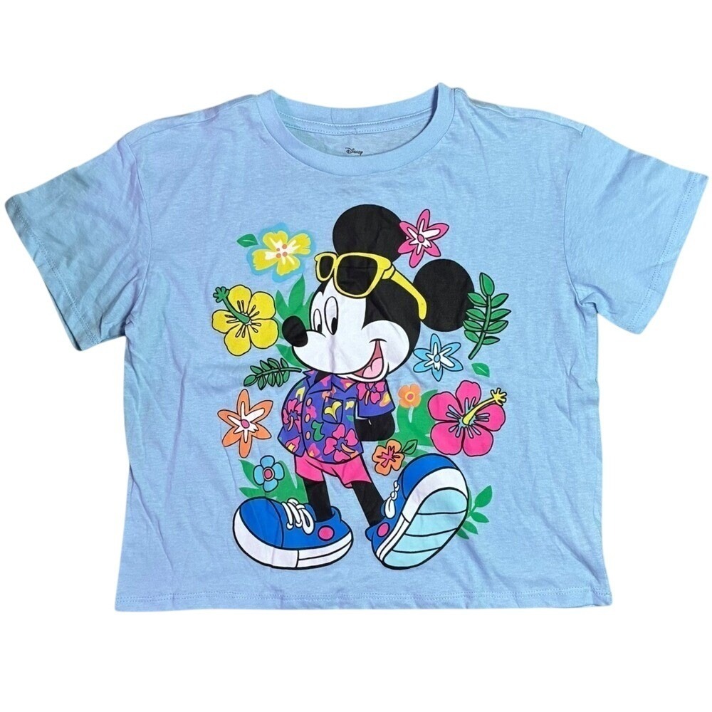 Disney Mickey Mouse Hawaiian Floral Graphic Tee Blue Womens Small NWT‎